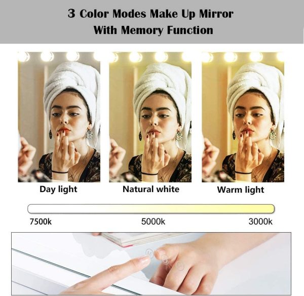 61M7brhIEyL._AC_SL1000 Vanity Mirror Makeup Mirror with Lights,10X Lens,22.8"x 18.1" Hollywood Lighted Vanity Mirror with 15 Dimmable LED Bulbs,3 Color Modes,Touch Control for Bedroom,Tabletop or Wall-Mounted
