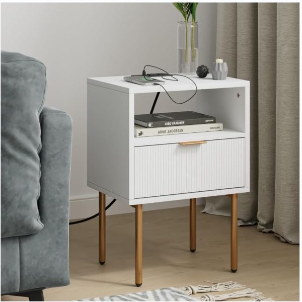 61MSJyQTQlL._AC Nightstand with Charging Station,Small Bedside Table with Gold Frame,White Night Stand,Bedside Furniture,Side Table with Drawer and Shelf for Bedroom,Living Room,Stripe