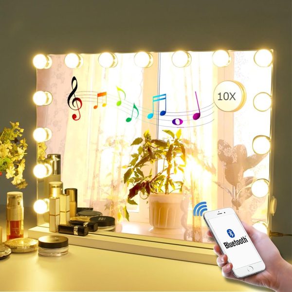 61MZ1zZpiBL._AC_SL1000 Vanity Mirror Makeup Mirror with Lights,10X Lens,22.8"x 18.1" Hollywood Lighted Vanity Mirror with 15 Dimmable LED Bulbs,3 Color Modes,Touch Control for Bedroom,Tabletop or Wall-Mounted