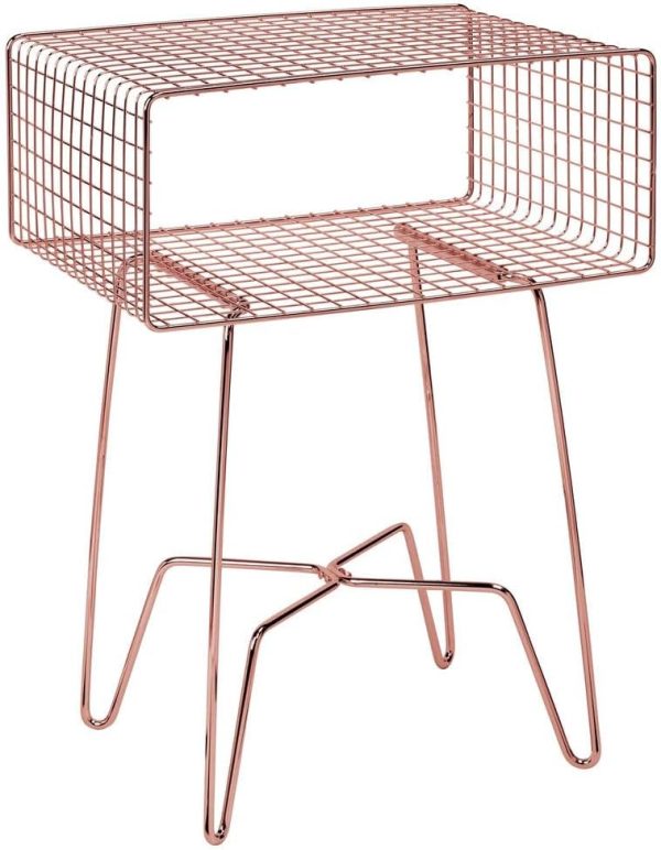 Modern Industrial Side Table with Storage Shelf, 2-Tier Metal Minimal End Table, Metallic Caged Grid - Accent Furniture for Living Room, Bedroom, Office, Dorm, Concerto Collection, Satin