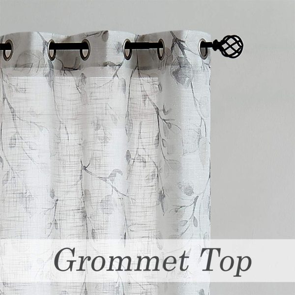 Gray Tan Leaf Floral Print Metallic Sheer Curtain Panels for Autumn Fall Rustic Living Room Bedroom Sparkling Decorative Grommet Top Window Treatment Farmhouse Drape, 40"x84"x2