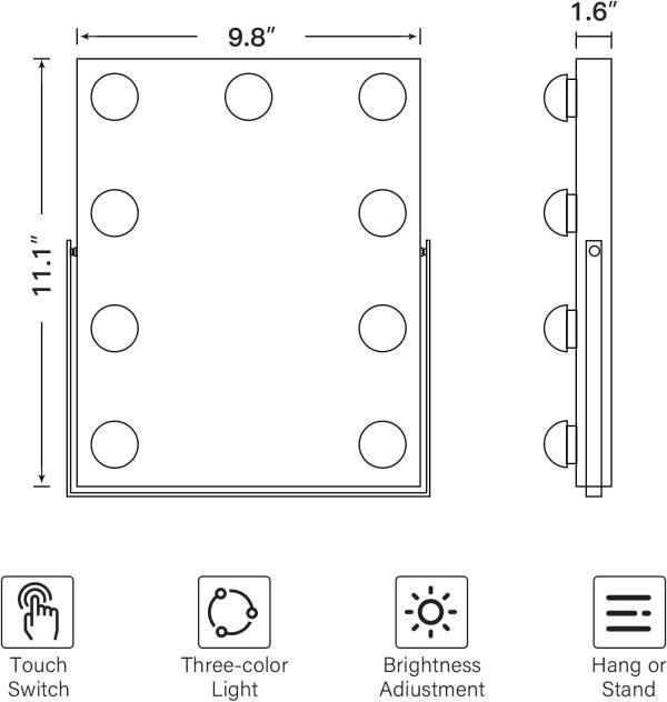 Hollywood Vanity Mirror with Lights, Vanity Makeup Mirror with 9 LED Bulbs, 3 Color Lighting Modes, U-Shaped Bracket, Smart Touch Control