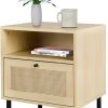 Rattan Nightstand, End Side Table with 2 Rattan Drawers, Wood Square Bedside Table with Storage, Accent Sofa Table for Home Office Living Room Bedroom, White