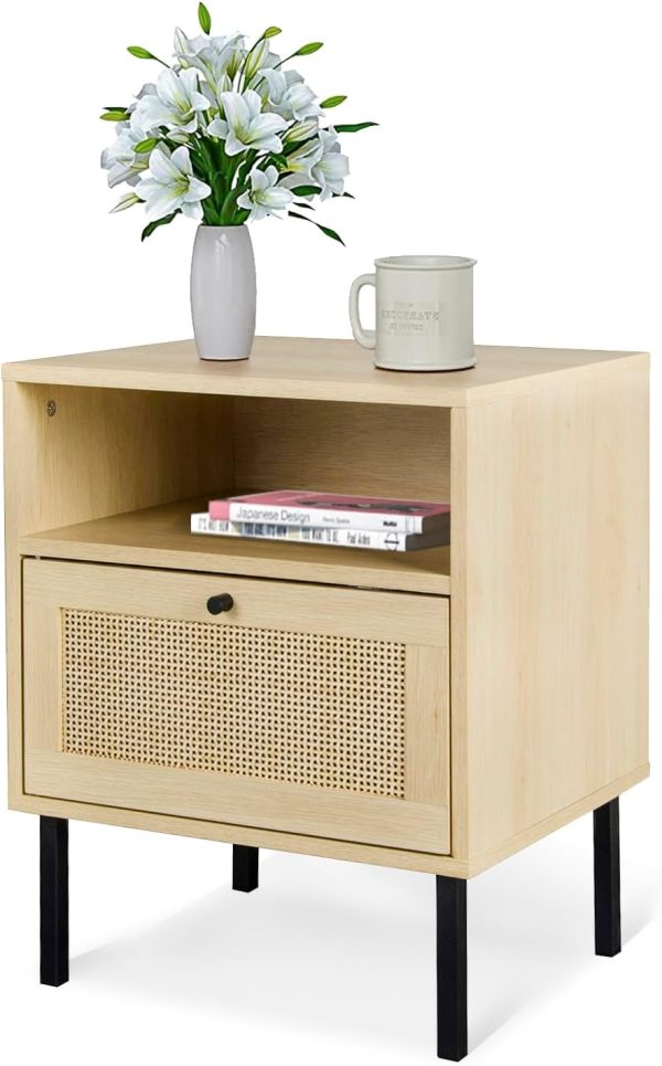 Rattan Nightstand, End Side Table with 2 Rattan Drawers, Wood Square Bedside Table with Storage, Accent Sofa Table for Home Office Living Room Bedroom, White