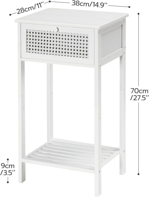 End Table, Bamboo Side Table with Drawer, Rattan Nightstand for Small Space, Tall Bedside Table, Phone Table Easy to Assemble, for Bedroom, Living Room, Study Room, White WT109BZ01