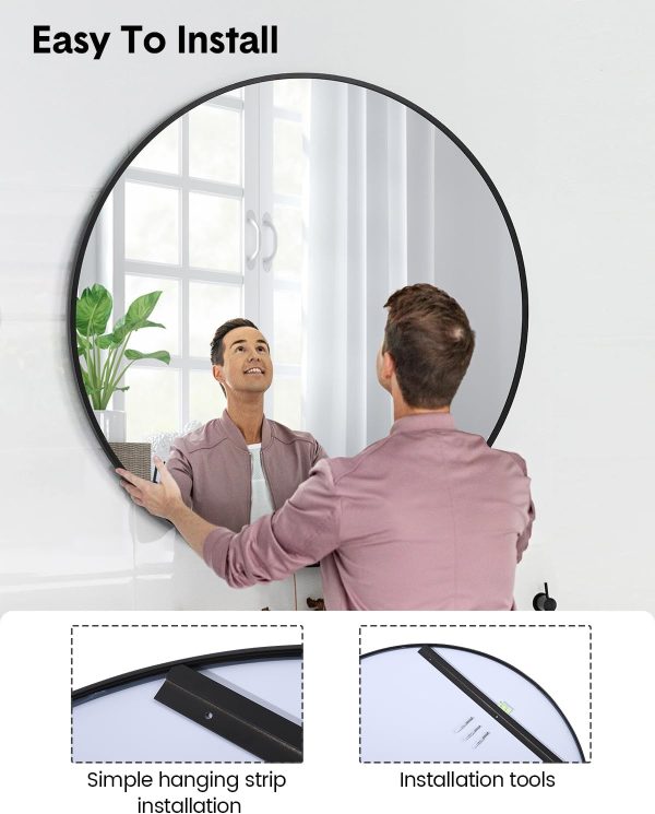 2024 New HD Eco-Friendly Round Mirror, Metal Framed Bathroom Mirror, Modern Cute Circle Mirror, Wall Mirror for Bathroom, Vanity, Living Room, Easy to Install, Matte Black (24 Inch)