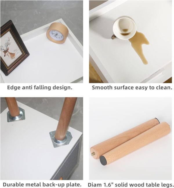White Nightstand, Modern Bedside Tables with Fabric Drawer, Wooden End Table for Small Space, Narrow Side Table with Open Storage Shelf for Bedroom/Living Room/Dorm.