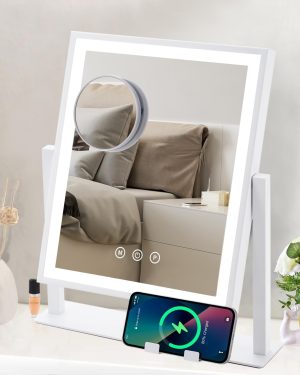 61W5n39mlSL._AC_SL1482 Vanity Mirror with Lights, Hollywood Makeup Mirror with Lights Phone Holder, Smart Touch Control, 3 Color Lighting Modes with Detachable 10x Magnification Mirror, 360°Rotation, White