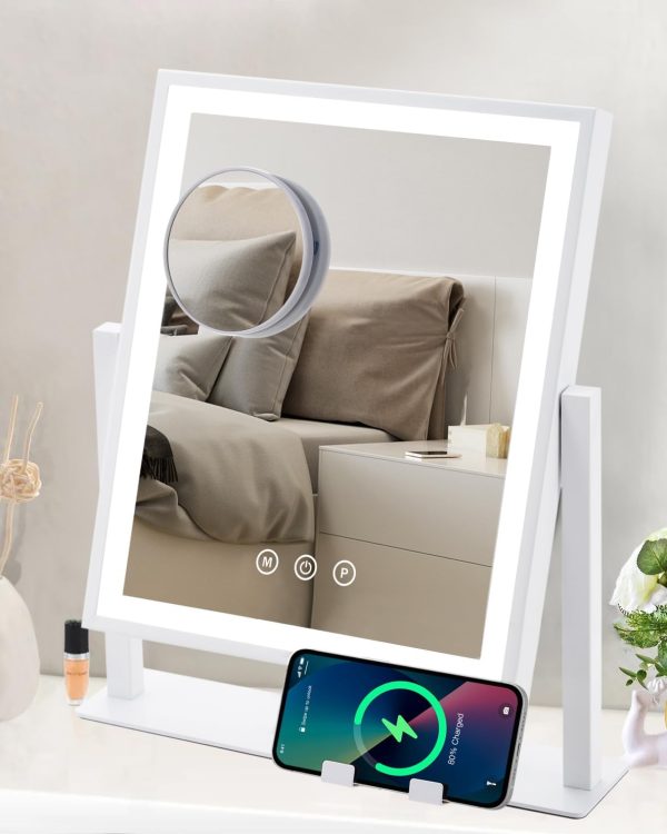 61W5n39mlSL._AC_SL1482 Vanity Mirror with Lights, Hollywood Makeup Mirror with Lights Phone Holder, Smart Touch Control, 3 Color Lighting Modes with Detachable 10x Magnification Mirror, 360°Rotation, White