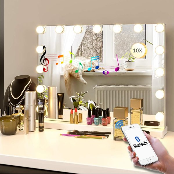 61XuFferC1L._SL1000 Vanity/Makeup Mirror with Lights,10X Magnification,Large Hollywood Lighted Vanity Mirror with 15 Dimmable LED Bulbs,3 Color Modes,Touch Control for Bedroom,Tabletop or Wall-Mounted