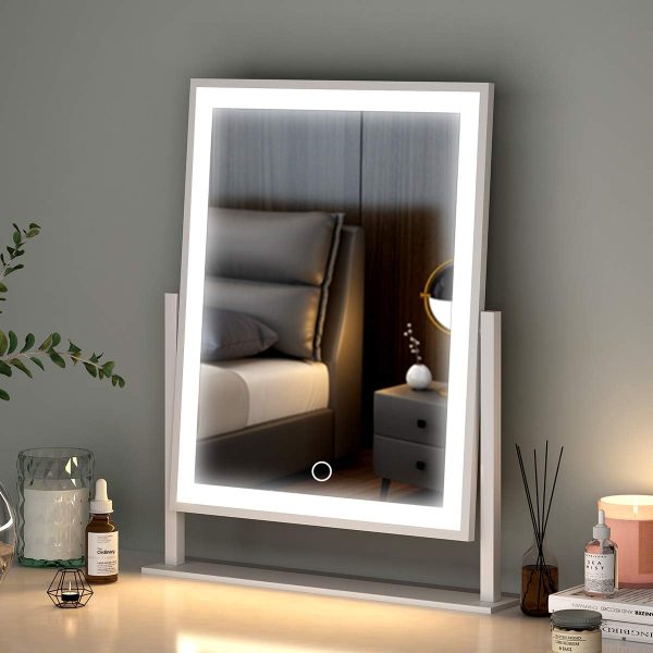 61YGFQIrEVL._AC_SL1200 Lighted led Makeup Mirror Hollywood Mirror Vanity Makeup Mirror with Lights Smart Touch Control 3-Gear Dimable Light 360°Rotation (12in. White)