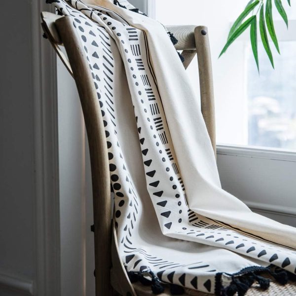 Geometric Semi-Blackout Window Curtains 2 Panels Boho Linen Room Darkening Curtains Tassels Rod Pocket Window Drapes for Bedroom Living Room(52" W x 63" L Pair, Cream)