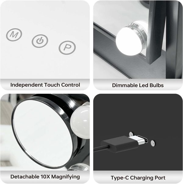 Hollywood Vanity Mirror with Lights 8 Dimmable Bulbs, 3 Color Light, Touch Control, LED Lighted Makeup Mirrors for Dorm, Detachable 10X Magnification Mirror Black