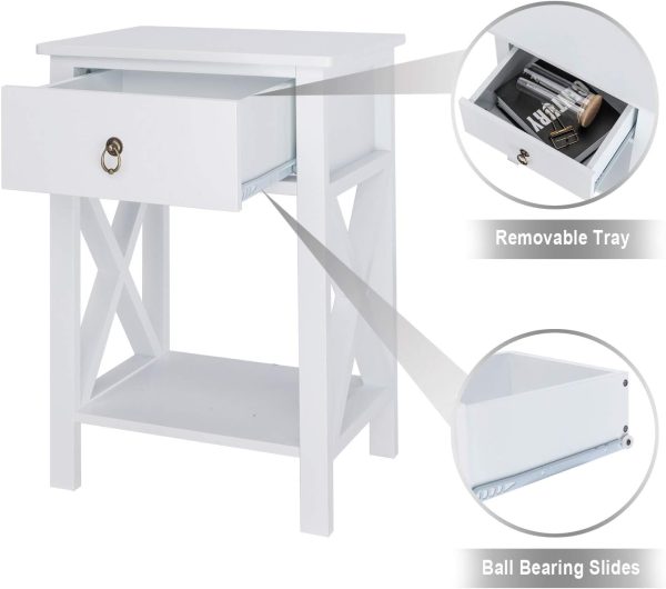 61a5aIELQkL._AC_SL1500 White bedside table, small bedside table with drawers and shelves, farmhouse bedside table bedroom, coffee table, bedside table, white side table with rustic handles, suitable for small spaces, dormitories, children's room, living room