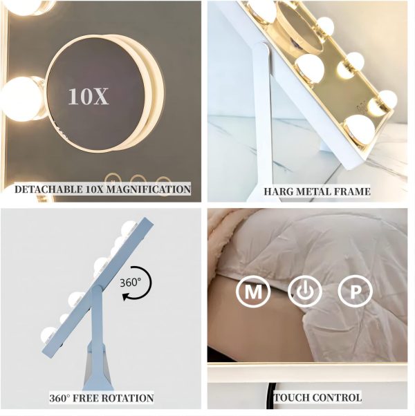 Vanity Mirror with Lights, Hollywood Lighted Makeup Mirror with 9 Dimmable LED Bulbs, 3 Color Lighting Modes, Detachable 10X Magnification, 360°Rotation,White