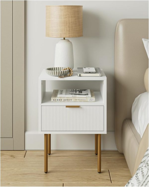61bA-Y635BL._AC_SL1500 Nightstand with Charging Station,Small Bedside Table with Gold Frame,White Night Stand,Bedside Furniture,Side Table with Drawer and Shelf for Bedroom,Living Room,Stripe