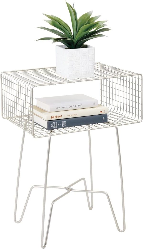 Modern Industrial Side Table with Storage Shelf, 2-Tier Metal Minimal End Table, Metallic Caged Grid - Accent Furniture for Living Room, Bedroom, Office, Dorm, Concerto Collection, Satin