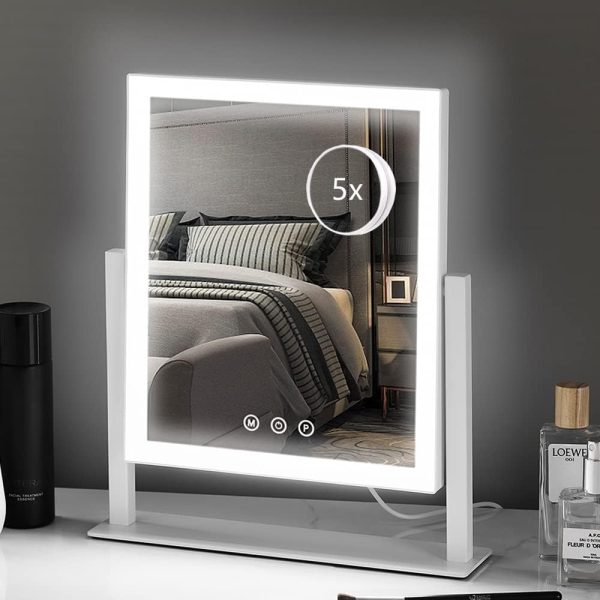Lighted Makeup Mirror, Hollywood Vanity Mirror with Lights, Three Color Lighting Modes, and 5X Magnification Mirror, Smart Touch Control, 360°Rotation (15.2in. White)