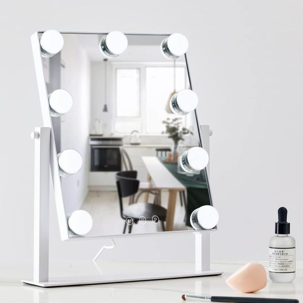 61eF8NfdSfL._AC_SL1500 Hollywood Vanity Mirror with 9 Dimmable Bulbs Lights, Three Color Lighting Modes, and 5X Magnification, Smart Touch Control, 360°Rotation (White,Gift Box)