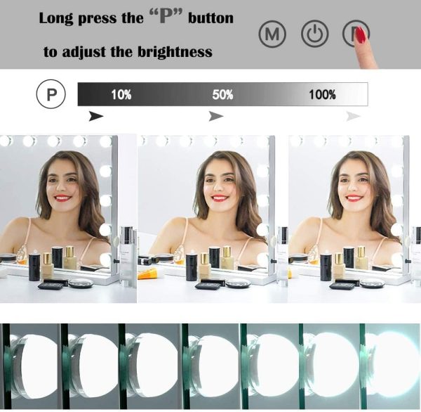 61gGMrqyZXL._AC_SL1000 Vanity Mirror Makeup Mirror with Lights,10X Lens,22.8"x 18.1" Hollywood Lighted Vanity Mirror with 15 Dimmable LED Bulbs,3 Color Modes,Touch Control for Bedroom,Tabletop or Wall-Mounted