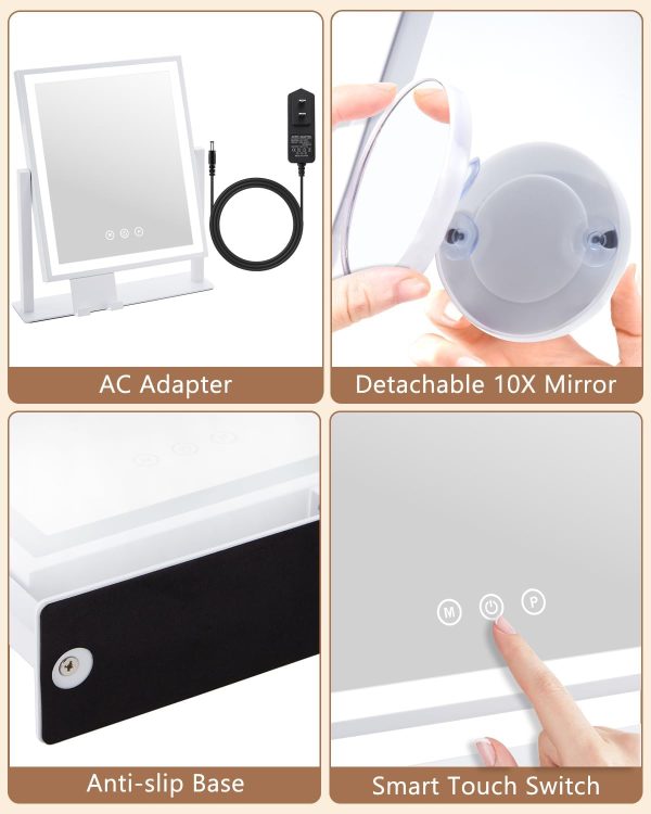 61ihZFl-7LL._AC_SL1500 Vanity Mirror with Lights, Hollywood Makeup Mirror with Lights Phone Holder, Smart Touch Control, 3 Color Lighting Modes with Detachable 10x Magnification Mirror, 360°Rotation, White