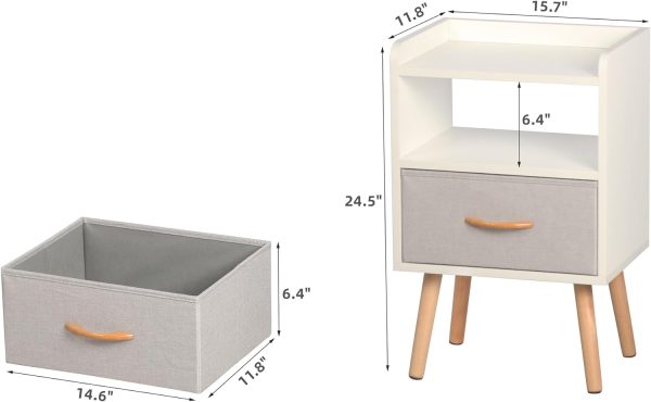 White Nightstand, Modern Bedside Tables with Fabric Drawer, Wooden End Table for Small Space, Narrow Side Table with Open Storage Shelf for Bedroom/Living Room/Dorm.