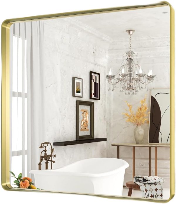 61lvuHAL4IL._AC_SL1500 22x30 Inch Bronze Bathroom Mirror for Vanity, Brushed Bronze Metal Frame Mirror for Wall, Rounded Rectangle Bronze Frame Mirror with Tempered Glass, Anti-Rust (Horizontal/Vertical)