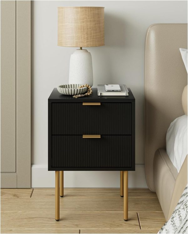 61mEmEDcaGL._AC_SL1500 Nightstand with Charging Station,Small Bedside Table with Gold Frame,White Night Stand,Bedside Furniture,Side Table with Drawer and Shelf for Bedroom,Living Room,Stripe
