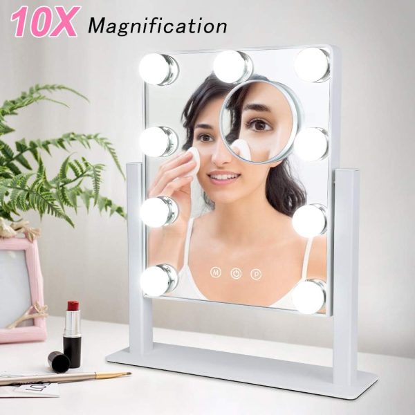 Makeup Vanity Mirror with Lights, 10X Magnification Hollywood Lighted Mirror with 9 Dimmer Led Bulbs, Plug in Light-up Beauty Mirror, Touch Screen Lighted Table Set Mirror, 360°Rotation(White)