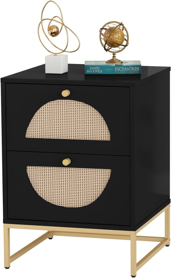 Rattan Nightstand, End Side Table with 2 Rattan Drawers, Wood Square Bedside Table with Storage, Accent Sofa Table for Home Office Living Room Bedroom, White