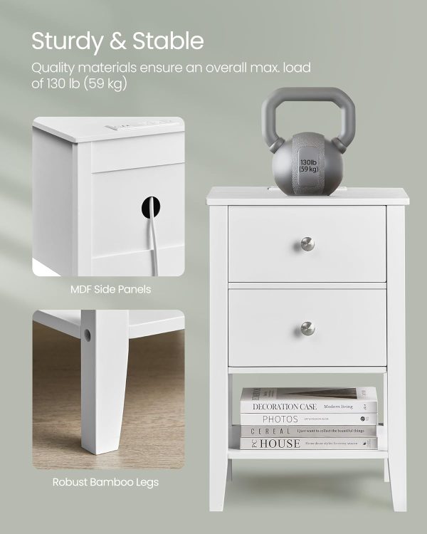 Bamboo Nightstand with Charging Station, Bedside Table with 2 Drawers, Side End Table with Open Shelf, 2 USB-A Ports, 2 AC Outlets, Minimalist, for Bedroom, Cloud White ULET623W01