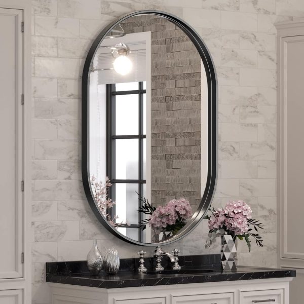 Black Oval Mirror for Bathroom Vanity 20x30 Inch, Matte Black Bathroom Mirrors for Wall Metal Frame, Wall Mounted Mirror for Bedroom Living Room Wall Decor Hang Vertical and Horizontal