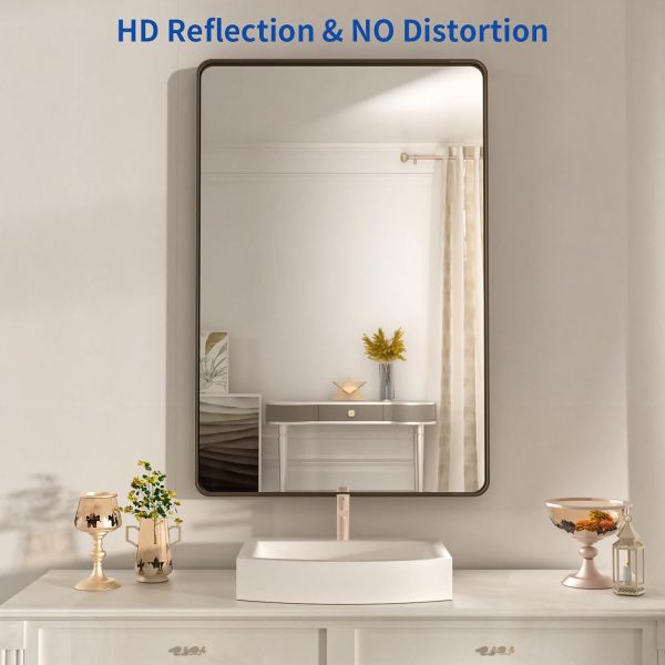 61sW2KobedL._AC_SL1500 22x30 Inch Bronze Bathroom Mirror for Vanity, Brushed Bronze Metal Frame Mirror for Wall, Rounded Rectangle Bronze Frame Mirror with Tempered Glass, Anti-Rust (Horizontal/Vertical)
