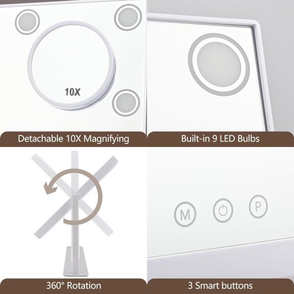 Lighted Makeup Mirror, 14"x 12" Hollywood Vanity Mirror with 9 LED Bulbs, 3 Color Lights, and Detachable 10X Magnification Mirror, 1200mAh Rechargeable, Touch Control, 360°Rotation (White)