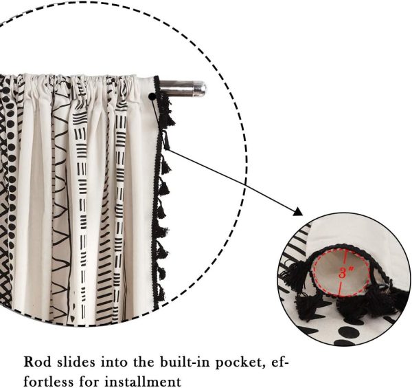 Geometric Semi-Blackout Window Curtains 2 Panels Boho Linen Room Darkening Curtains Tassels Rod Pocket Window Drapes for Bedroom Living Room(52" W x 63" L Pair, Cream)