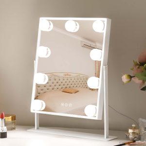 61tCERTMo4L._AC_SL1500 Vanity Mirror with Lights Hollywood Lighted Makeup Mirror with 9 Dimmable Bulbs & 3 Color Lighting Modes, Detachable 10X Magnification Mirror and 360 Degree Rotation(White)