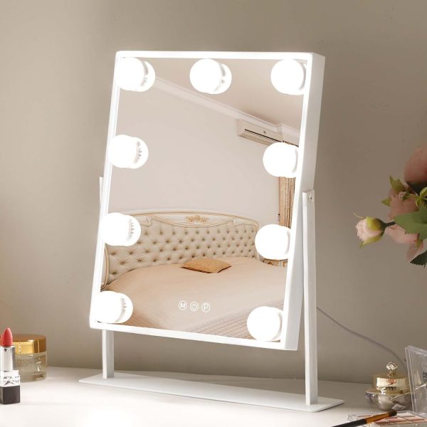 61tCERTMo4L._AC_SL1500 Vanity Mirror with Lights Hollywood Lighted Makeup Mirror with 9 Dimmable Bulbs & 3 Color Lighting Modes, Detachable 10X Magnification Mirror and 360 Degree Rotation(White)