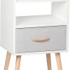 NightStand with Fabric Drawer, Bedside Table with Solid Wood Legs, Minimalist and Practical End Side Table with Open Storage Shelf for Bedroom, White.