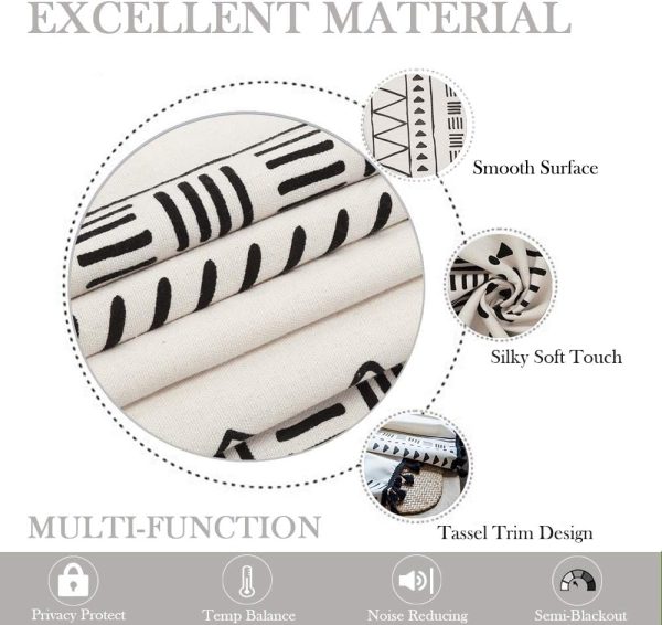 Geometric Semi-Blackout Window Curtains 2 Panels Boho Linen Room Darkening Curtains Tassels Rod Pocket Window Drapes for Bedroom Living Room(52" W x 63" L Pair, Cream)