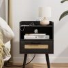 Nightstand,Boho Bedside Table,Black Night Stand with Rattan Decorated Drawers,Bedside Furniture, Wood End Table for Bedroom,Living Room,Natural