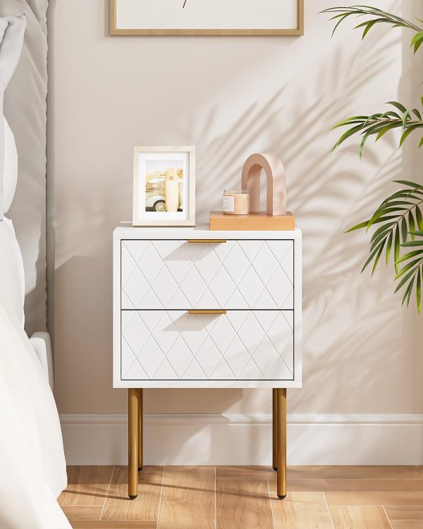 61y46RxlUIL._AC_SL1500 Nightstand with Charging Station,Small Bedside Table with Gold Frame,White Night Stand,Bedside Furniture,Side Table with Drawer and Shelf for Bedroom,Living Room,Stripe