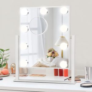 61zu_ZcG51L._AC_SL1500 Lighted Vanity Makeup Mirror with Lights Hollywood Cosmetic Mirror with 9 Dimmable LED Bulbs for Dressing Room Tabletop, 3 Color Lighting, Detachable 10X Magnification Mirror, White