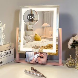 71-4XeL6_KL._AC_SL1500 Vanity Mirror with Lights, 15X Magnification 360 Rotation Makeup Mirror with Lights, Hollywood Mirror with Detachable 3 Color Modes, Smart Touch Control and Phone Holder,Pink