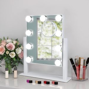 71-jJbUSQGL._AC_SL1500 Makeup Vanity Mirror with Lights, 10X Magnification Hollywood Lighted Mirror with 9 Dimmer Led Bulbs, Plug in Light-up Beauty Mirror, Touch Screen Lighted Table Set Mirror, 360°Rotation(White)