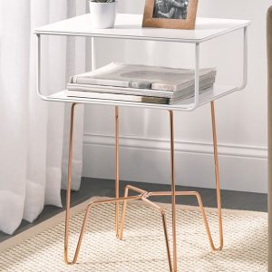 Modern Industrial Side Table with Storage Shelf, 2-Tier Metal Minimal End Table, Metallic Caged Grid - Accent Furniture for Living Room, Bedroom, Office, Dorm, Concerto Collection, Satin