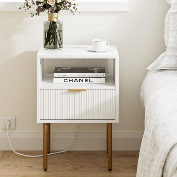 710a9hlkl6L._AC_SL1500 Nightstand with Charging Station,Small Bedside Table with Gold Frame,White Night Stand,Bedside Furniture,Side Table with Drawer and Shelf for Bedroom,Living Room,Stripe
