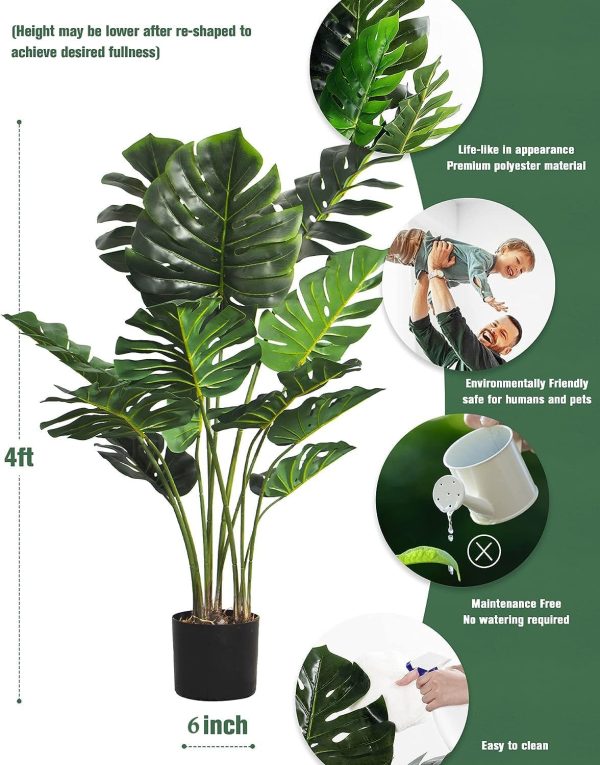 Artificial Monstera Plant 4FT Tall Fake Swiss Cheese Potted Faux Tropical Floor Plants Indoor Decorative House Palm Trees for Home Office Living Room Decor