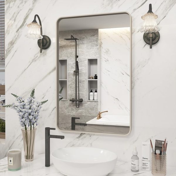 711DinjK8IL._AC_SL1500 20x30 Silver Bathroom Mirror, Silver Wall Mirror for Vanity, Brushed Metal Framed Rectangle Mirror, Anti-Rust, Brushed Nickel,Shatterproof, Round Corners(Horizontally/Vertically)