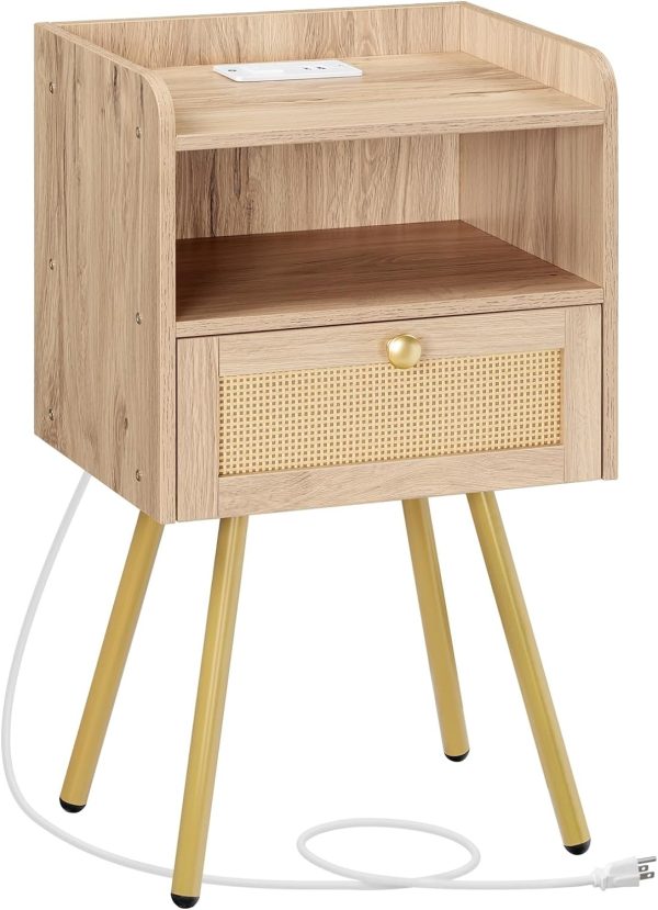 Nightstand with Charging Station, Side Table with Rattan-Like Decor Drawer, Rattan End Table with Open Storage, Bedside Table for Bedroom, Study Room, Black BB92UBZ01