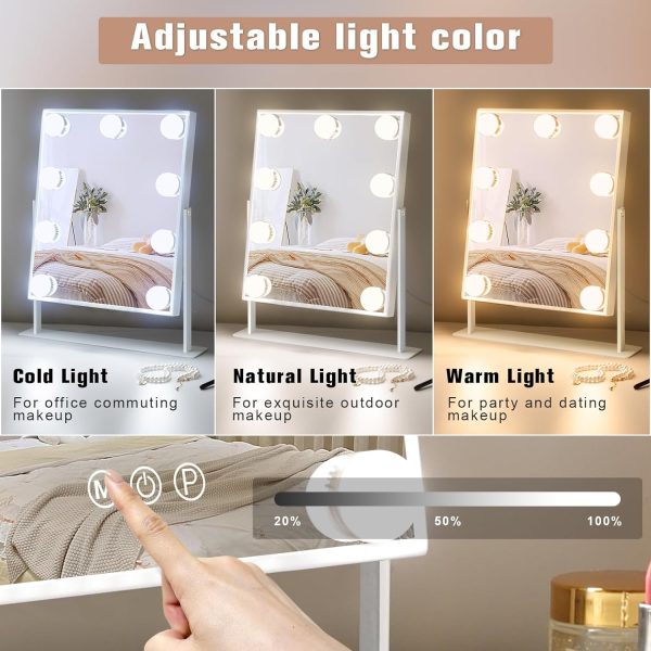 711_ZyIBIxL._AC_SL1500 Vanity Mirror with Lights Hollywood Lighted Makeup Mirror with 9 Dimmable Bulbs & 3 Color Lighting Modes, Detachable 10X Magnification Mirror and 360 Degree Rotation(White)